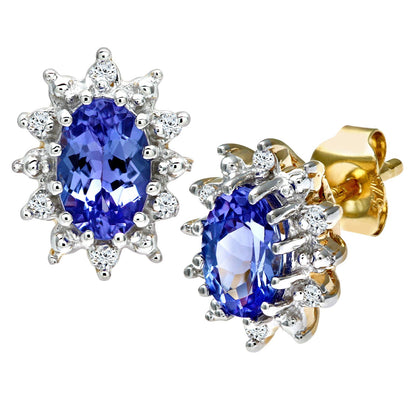 9ct Gold  5pts Diamond Oval 1ct Tanzanite Cluster Stud Earrings - PE0AXL1535YTanz