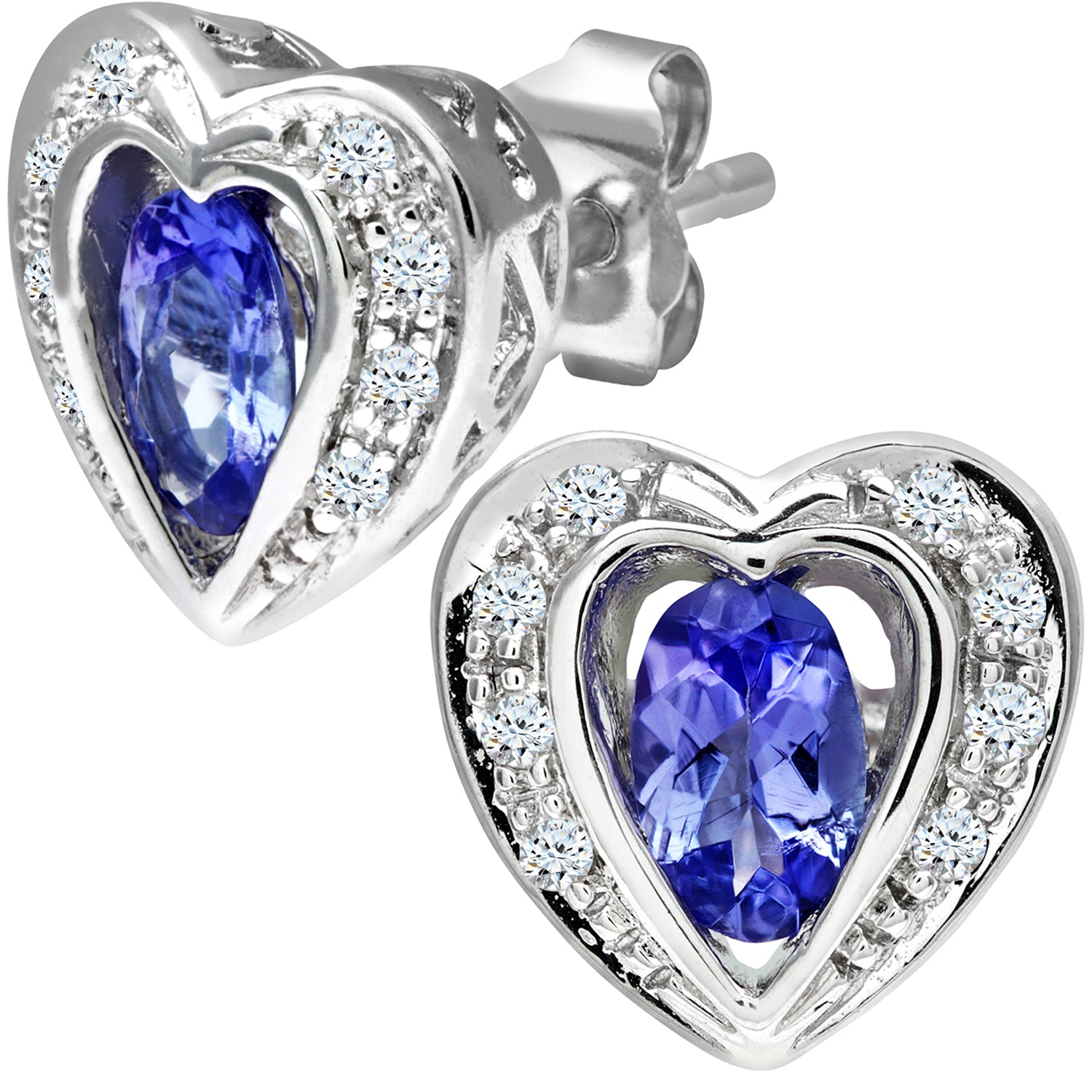 9ct White Gold  Diamond Oval 0.44ct Tanzanite Heart Stud Earrings - PE0AXL1599WTanz