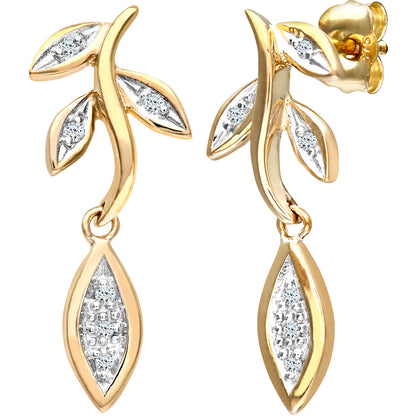 9ct Gold  Round 5pts Diamond Leaf Drop Earrings - PE0AXL2578Y