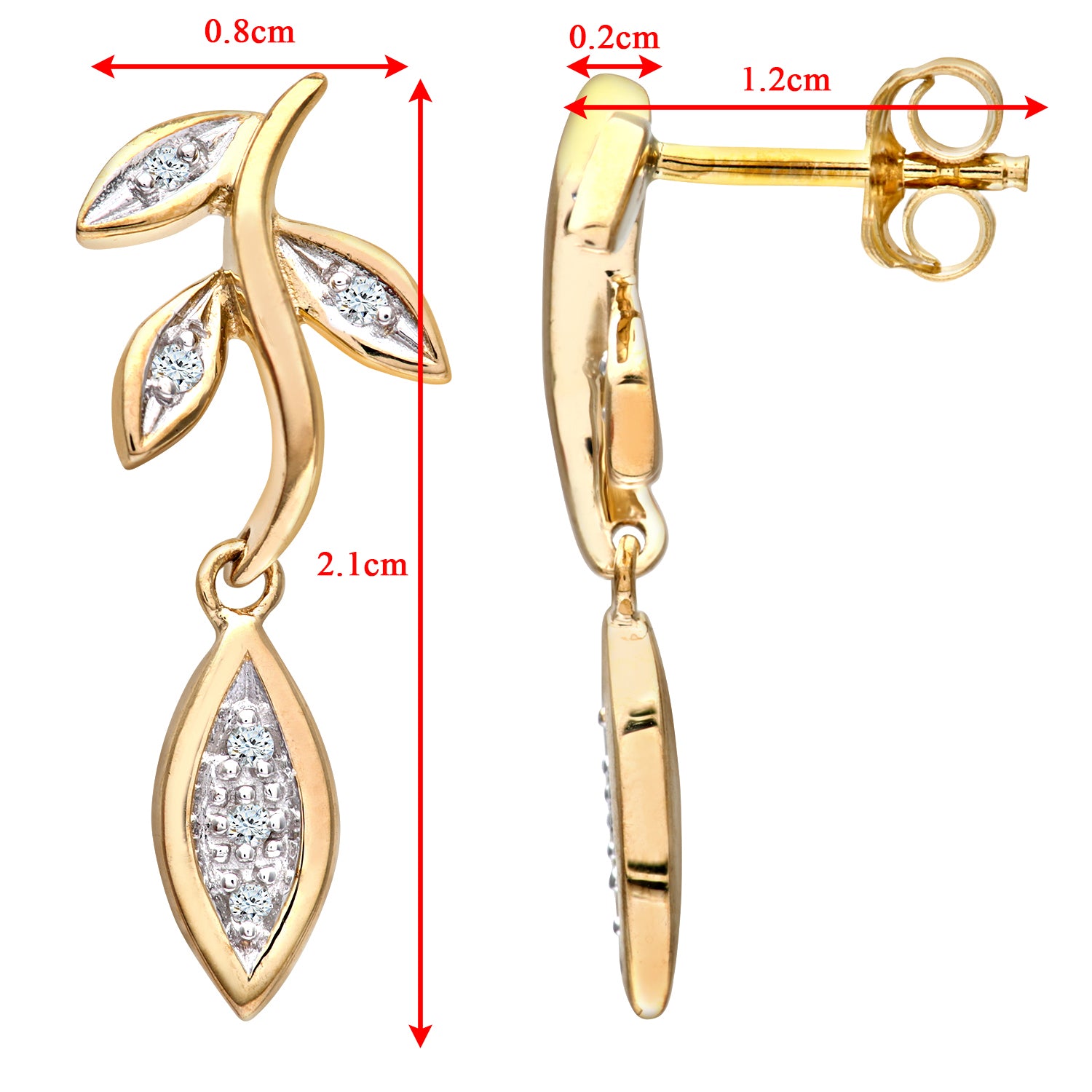 9ct Gold  Round 5pts Diamond Leaf Drop Earrings - PE0AXL2578Y