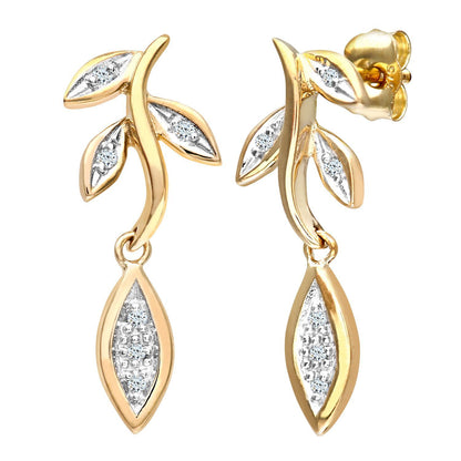 9ct Gold  Round 5pts Diamond Leaf Drop Earrings - PE0AXL2578Y