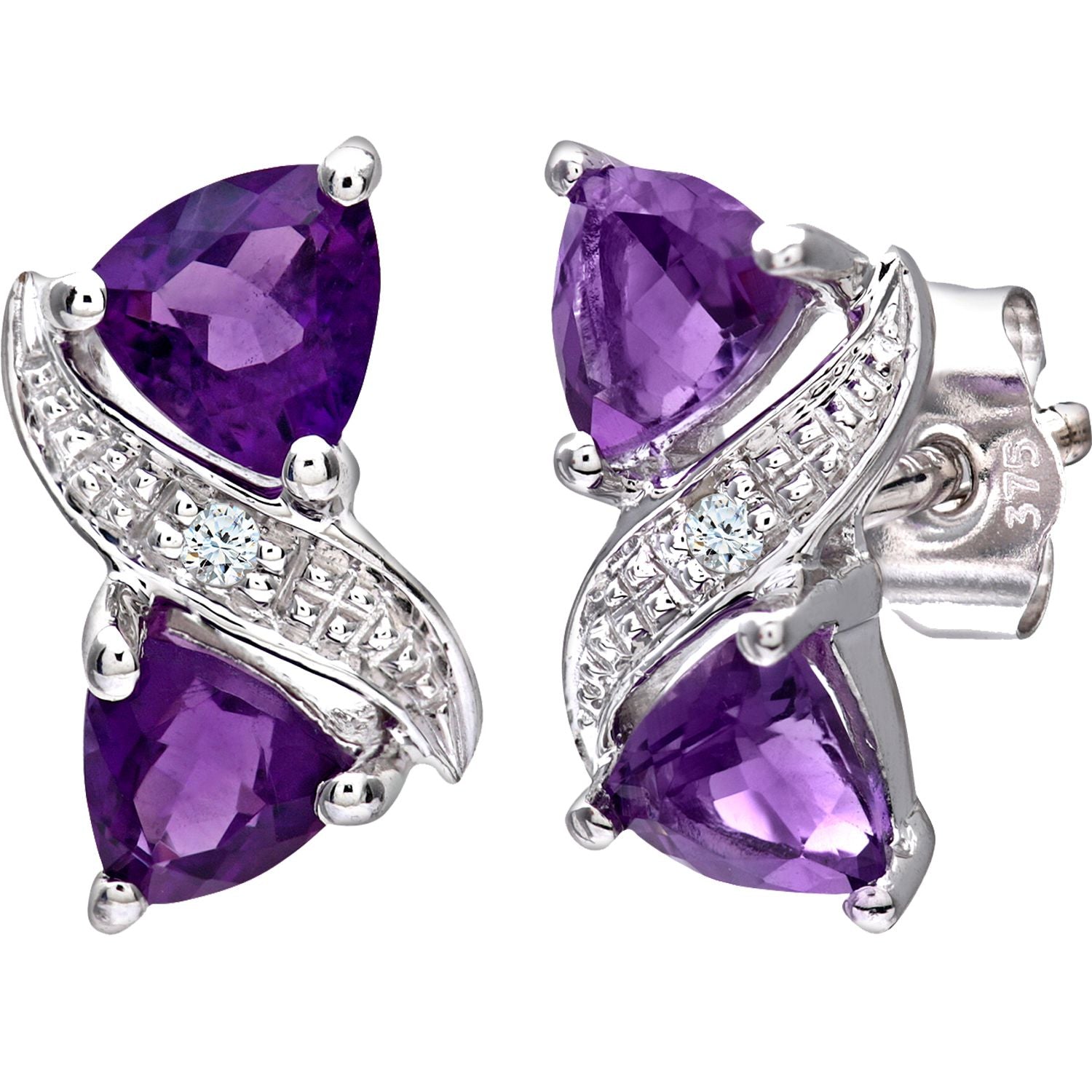 9ct White Gold  Diamond Triangle Amethyst Kiss Stud Earrings - PE0AXL3111WAM