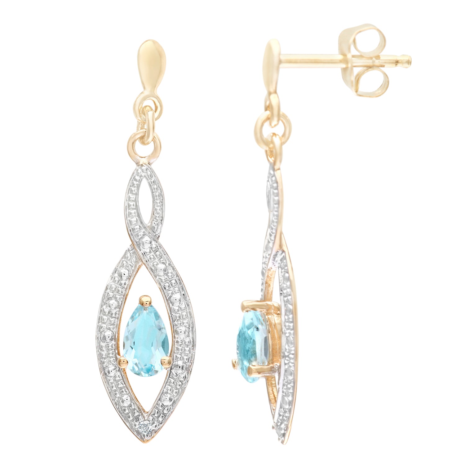 9ct Gold  Diamond Pear 1/2ct Blue Topaz Teardrop Drop Earrings - PE0AXL3459YBT