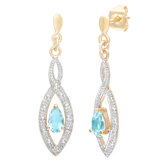 9ct Gold  Diamond Pear 1/2ct Blue Topaz Teardrop Drop Earrings - PE0AXL3459YBT