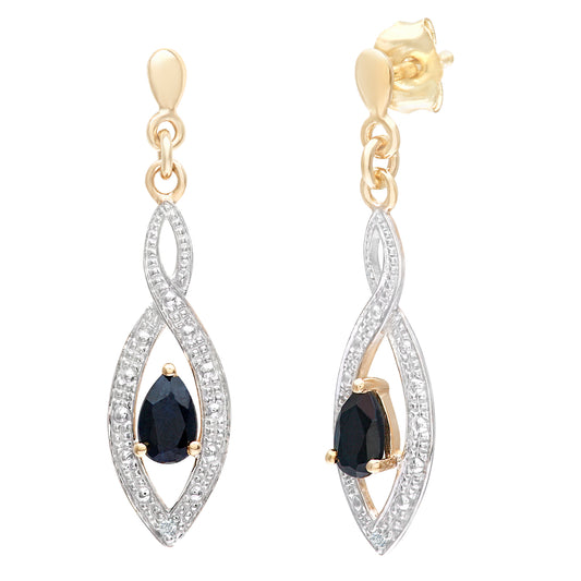 9ct Gold  1pts Diamond Pear 0.55ct Sapphire Teardrop Drop Earrings - PE0AXL3459YSA