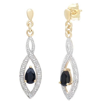 9ct Gold  1pts Diamond Pear 0.55ct Sapphire Teardrop Drop Earrings - PE0AXL3459YSA