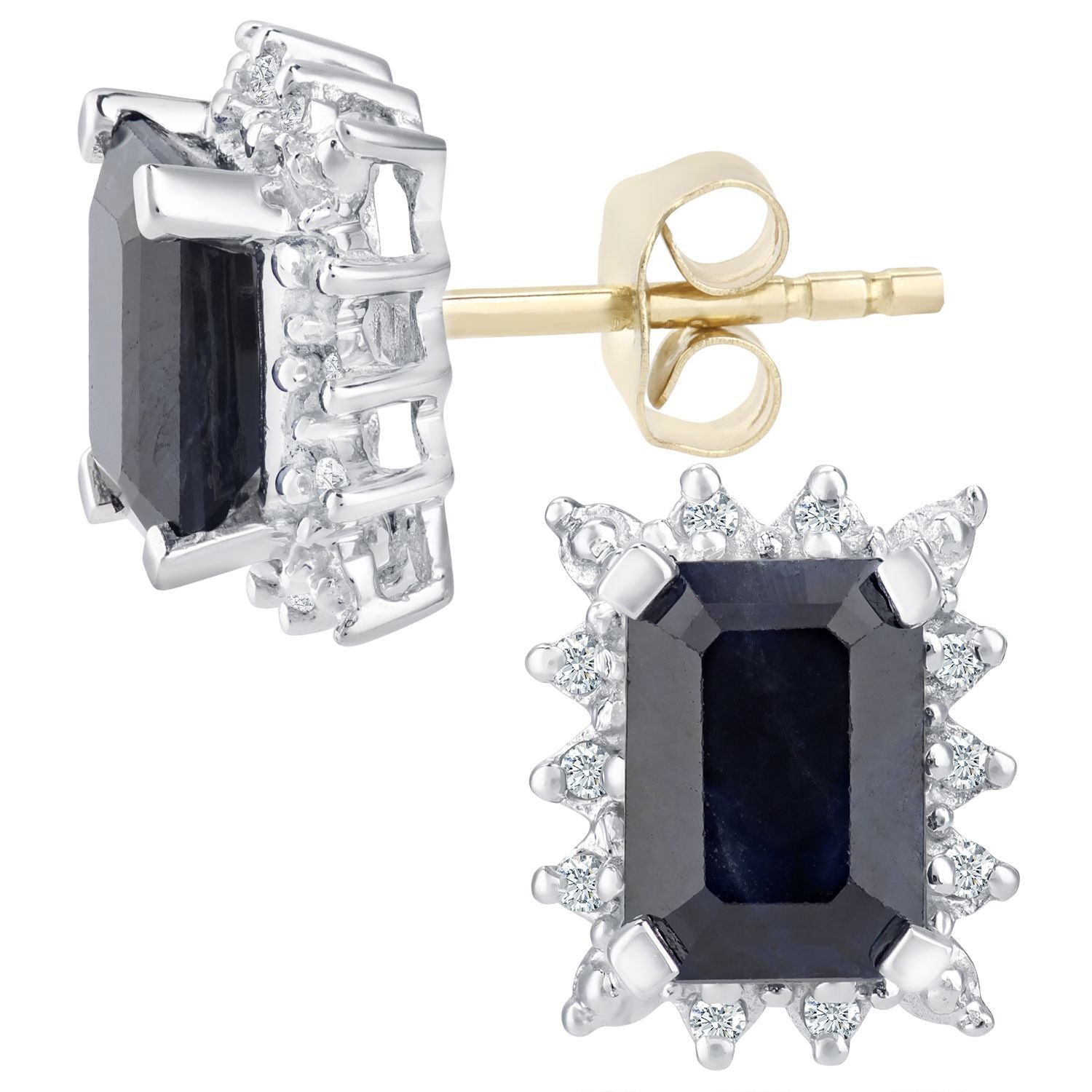9ct Gold  Diamond Emerald Cut 2.2ct Sapphire Cluster Stud Earrings - PE0AXL3475YSA