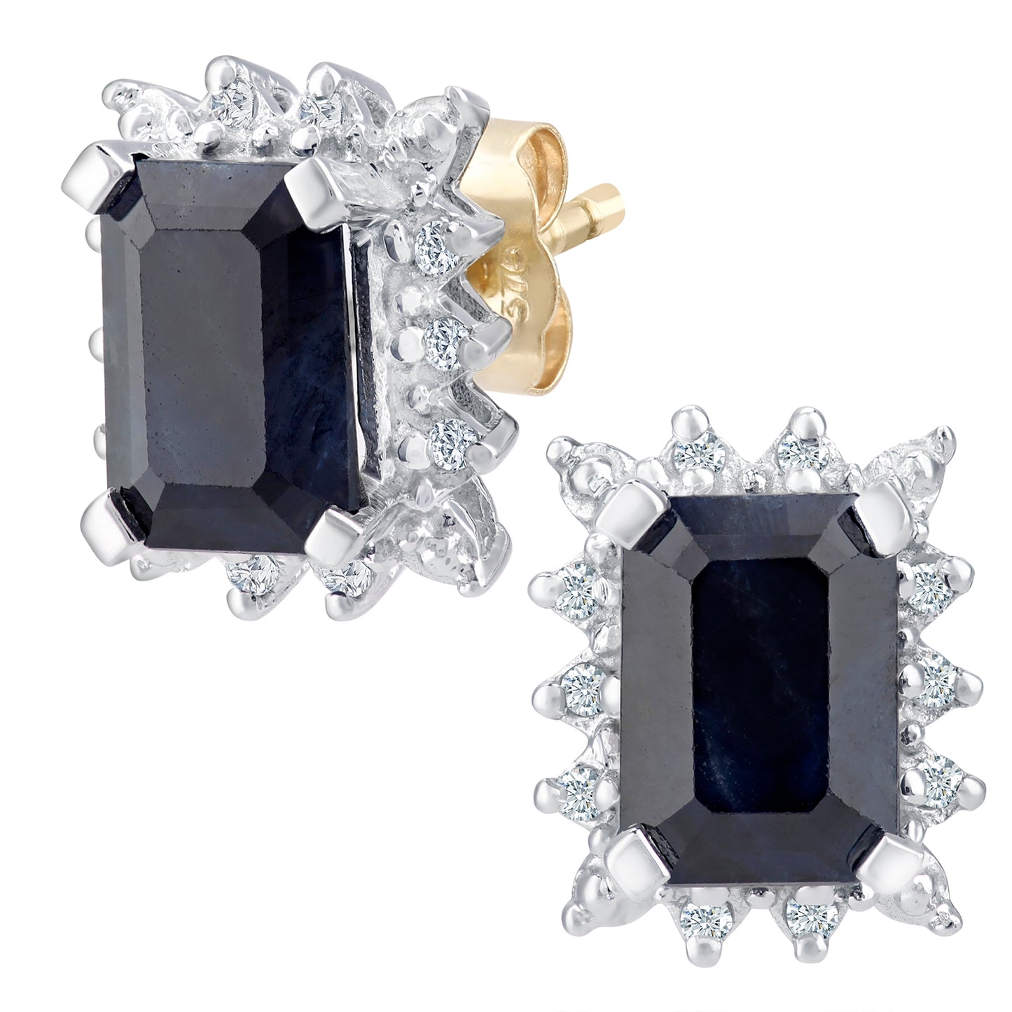 9ct Gold  Diamond Emerald Cut 2.2ct Sapphire Cluster Stud Earrings - PE0AXL3475YSA