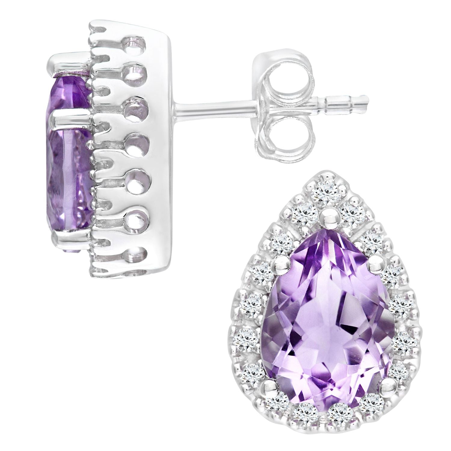9ct White Gold  Diamond Pear Amethyst Halo Teardrop Stud Earrings - PE0AXL3553WAM