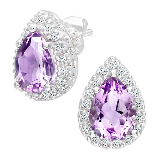 9ct White Gold  Diamond Pear Amethyst Halo Teardrop Stud Earrings - PE0AXL3553WAM