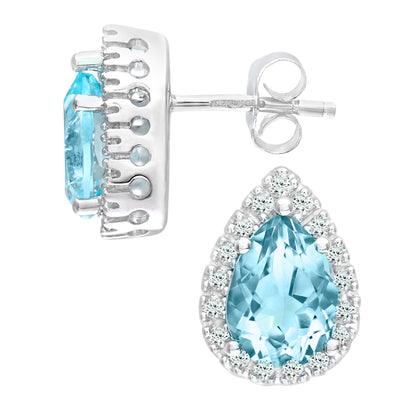 9ct White Gold  Diamond Pear Blue Topaz Halo Stud Earrings - PE0AXL3553WBT
