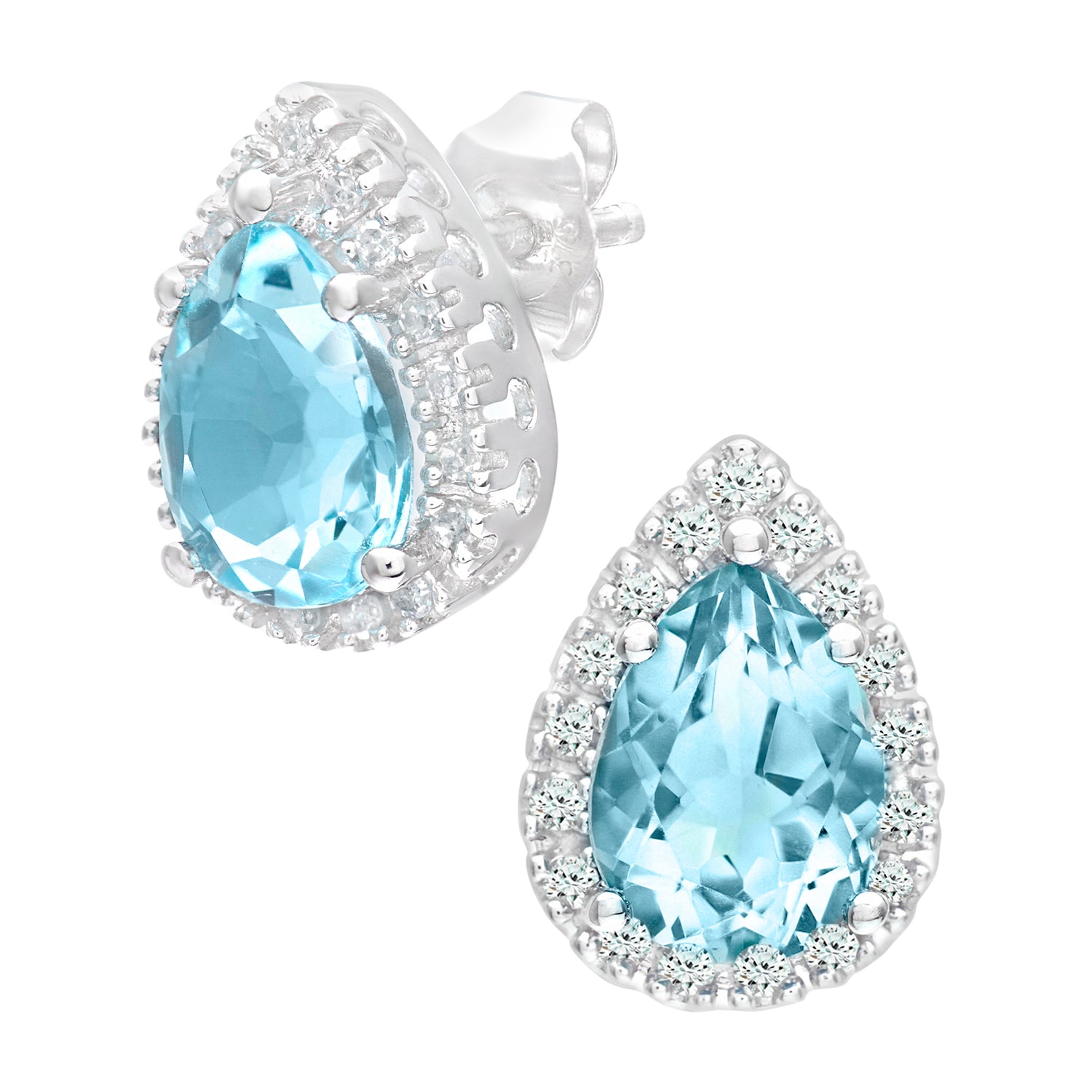 9ct White Gold  Diamond Pear Blue Topaz Halo Stud Earrings - PE0AXL3553WBT