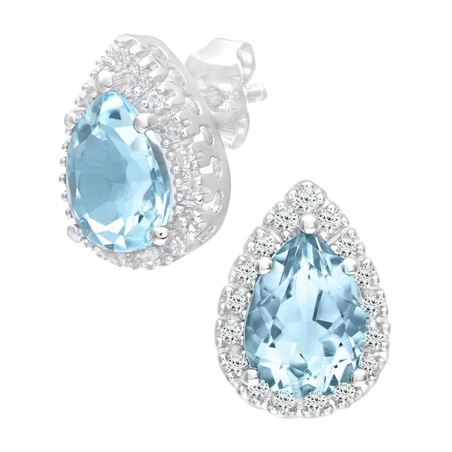 9ct White Gold  Diamond Pear Blue Topaz Halo Stud Earrings - PE0AXL3553WBT