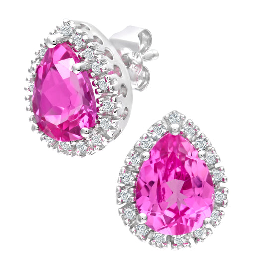 9ct White Gold  Diamond Pear Created Sapphire Halo Stud Earrings - PE0AXL3553WCrtdPinkSa