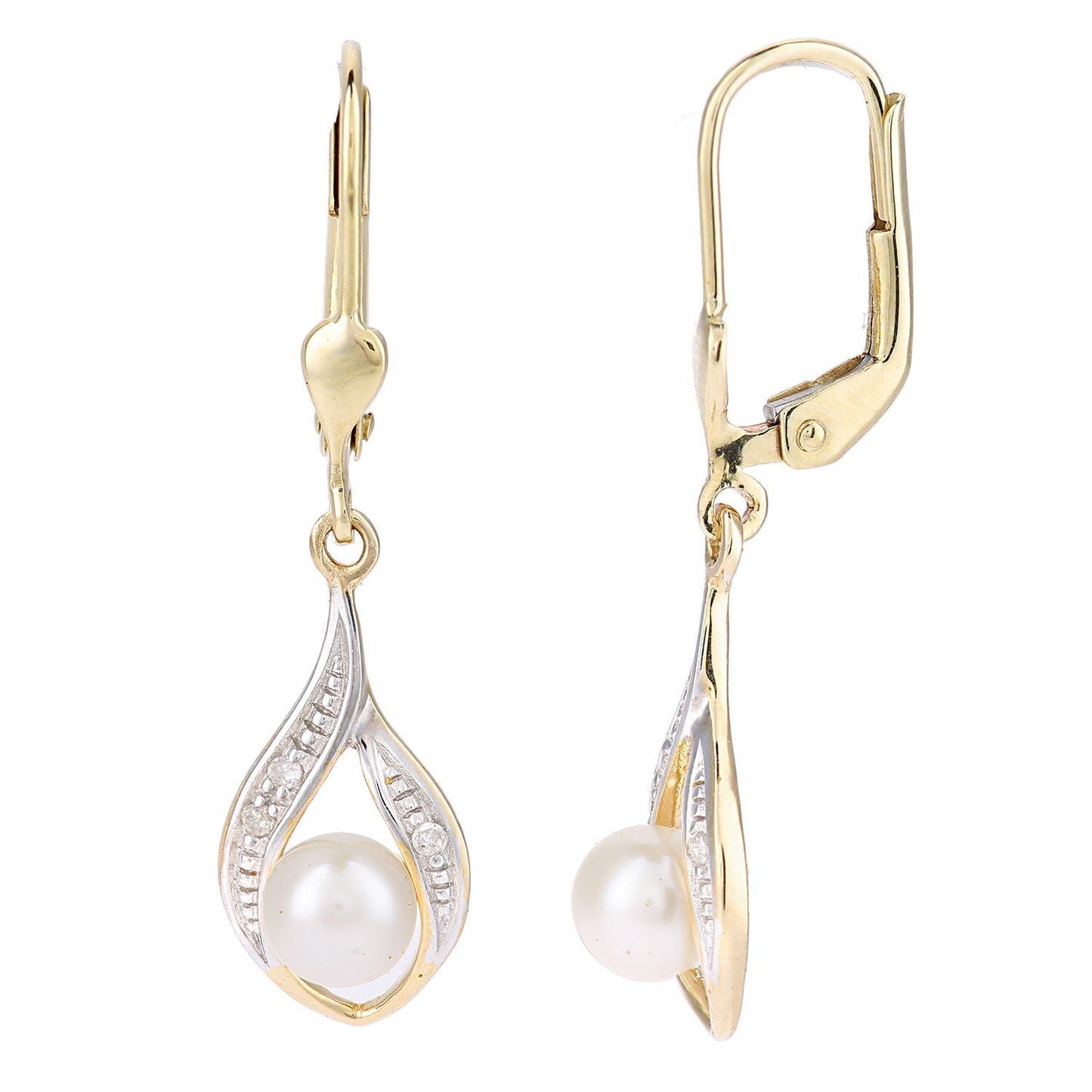 9ct Gold  4pts Diamond Pearl 5mm Eye Pea Pod Drop Earrings - PE0AXL4013YPRL