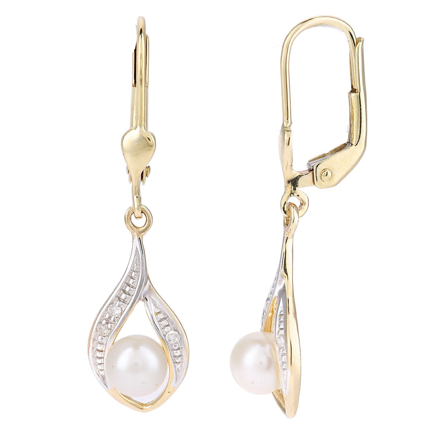 9ct Gold  4pts Diamond Pearl 5mm Eye Pea Pod Drop Earrings - PE0AXL4013YPRL