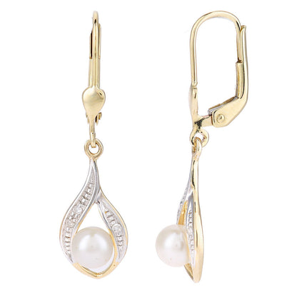 9ct Gold  4pts Diamond Pearl 5mm Eye Pea Pod Drop Earrings - PE0AXL4013YPRL