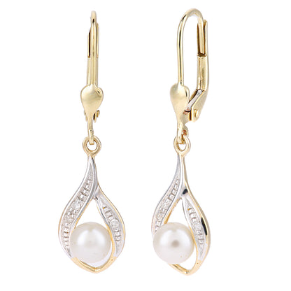 9ct Gold  4pts Diamond Pearl 5mm Eye Pea Pod Drop Earrings - PE0AXL4013YPRL