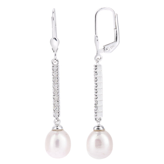 9ct White Gold  Diamond Oval Pearl 8x10mm Ice Moon Drop Earrings - PE0AXL4730WPRL