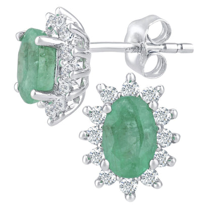 9ct White Gold  1/4ct Diamond Oval Emerald Cluster Stud Earrings - PE0AXL4750W-EM
