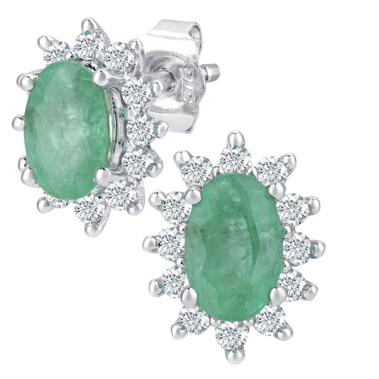 9ct White Gold 1/4ct Diamond Oval Emerald Cluster Stud Earrings - PE0AXL4750W-EM