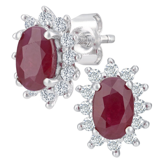 9ct White Gold 1/4ct Diamond Oval Ruby Cluster Stud Earrings - PE0AXL4750W-RU