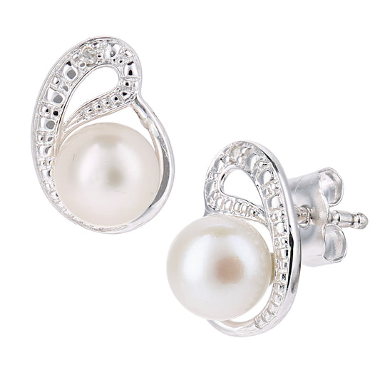 9ct White Gold  Diamond Pearl 5mm Ouroboros Moon Stud Earrings - PE0AXL5050WPRL