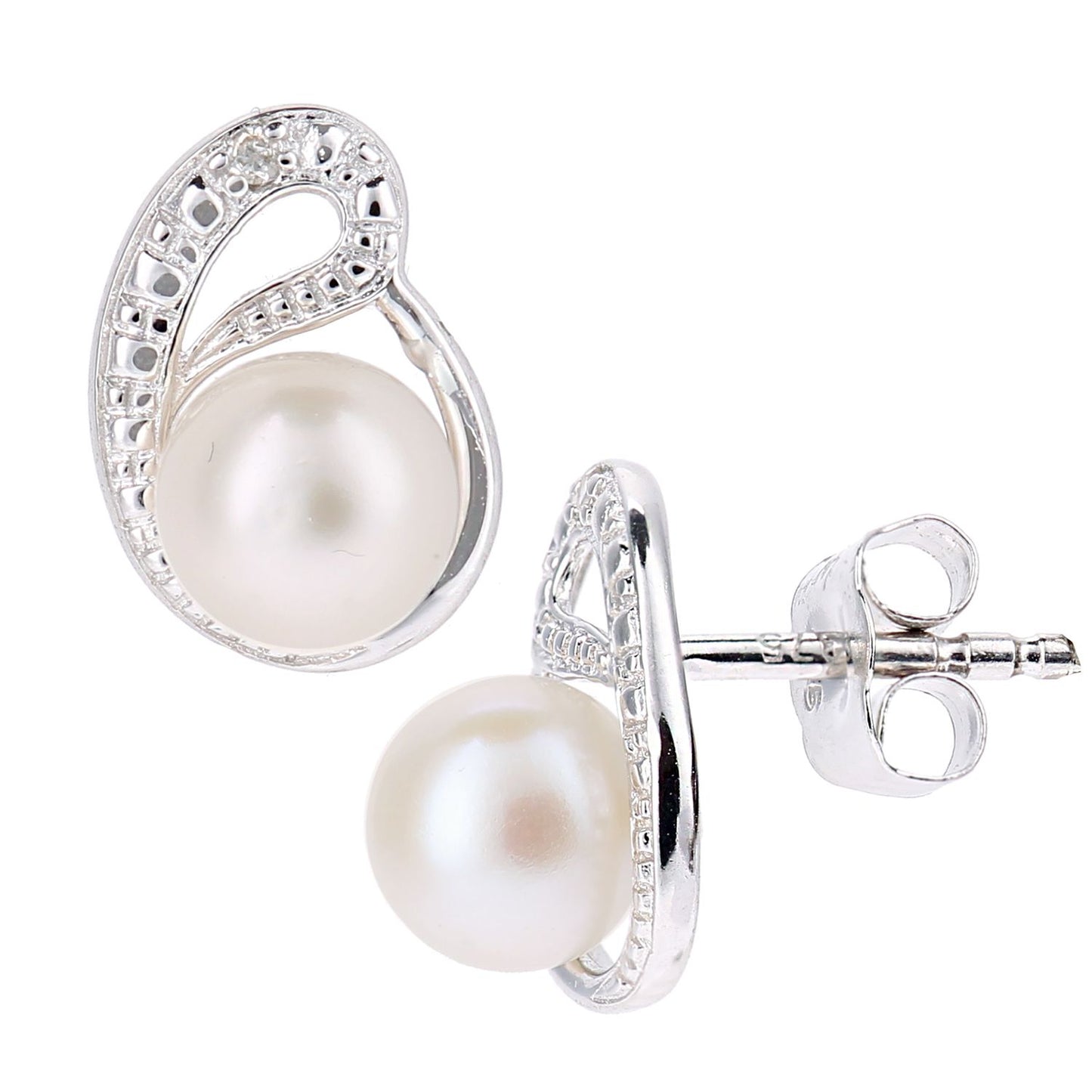 9ct White Gold  Diamond Pearl 5mm Ouroboros Moon Stud Earrings - PE0AXL5050WPRL