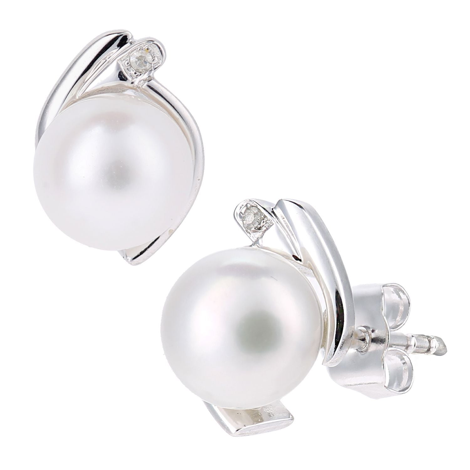 9ct White Gold  1pts Diamond Pearl 6.5mm Cupped Moon Stud Earrings - PE0AXL5220WPRL