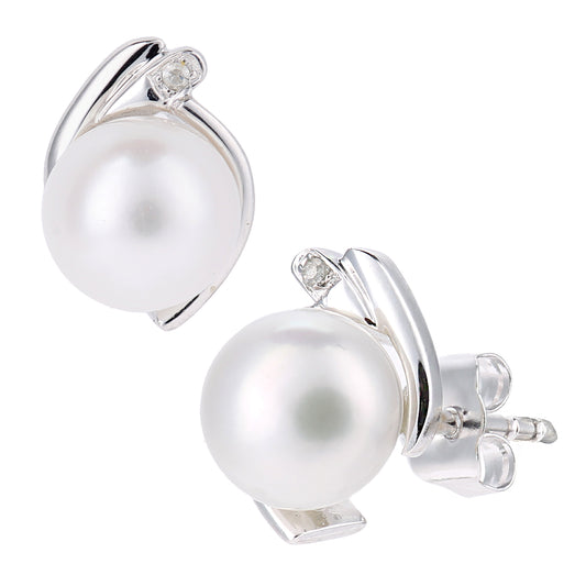 9ct White Gold  1pts Diamond Pearl 6.5mm Cupped Moon Stud Earrings - PE0AXL5220WPRL