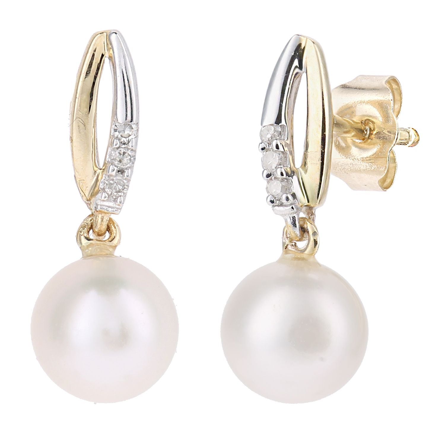 9ct Gold  3pts Diamond Pearl 6.5mm Hanging Moon Drop Earrings - PE0AXL5221YPRL
