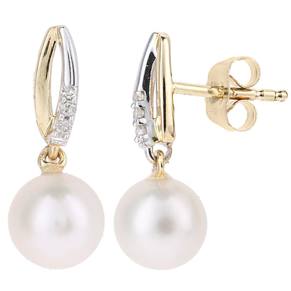 9ct Gold  3pts Diamond Pearl 6.5mm Hanging Moon Drop Earrings - PE0AXL5221YPRL