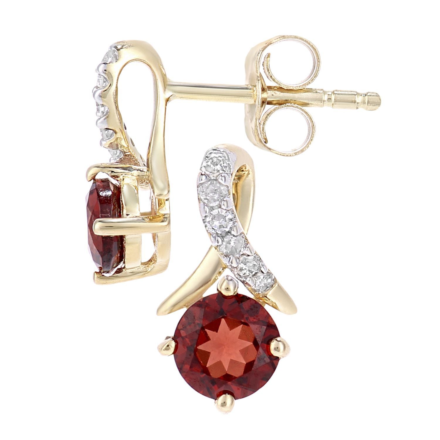 9ct Gold  5pts Diamond 0.7ct Garnet Kiss Crossover Stud Earrings - PE0AXL5560YGT