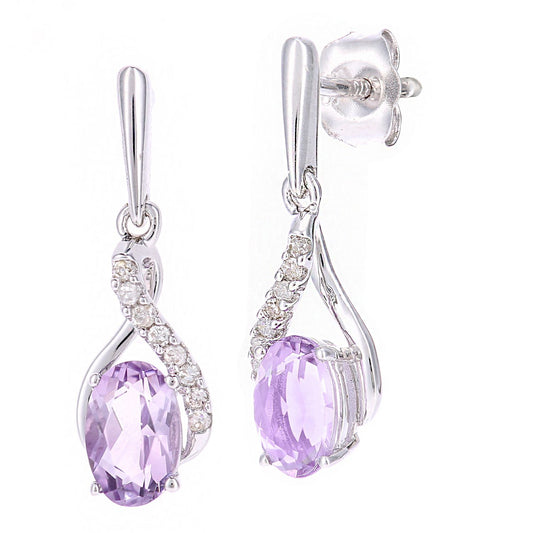 9ct White Gold  Diamond Oval 0.82ct Amethyst Kiss Drop Earrings - PE0AXL5561WAM