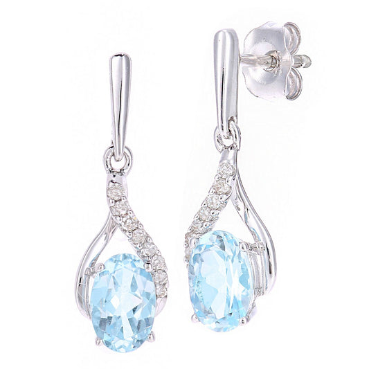 9ct White Gold Diamond Oval 1.06ct Blue Topaz Kiss Drop Earrings - PE0AXL5561WBT