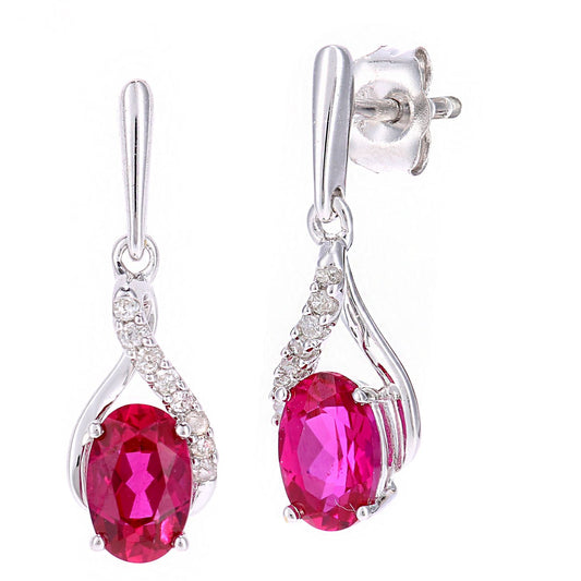 9ct White Gold Diamond Oval 1.3ct Created Ruby Kiss Drop Earrings - PE0AXL5561WCRU