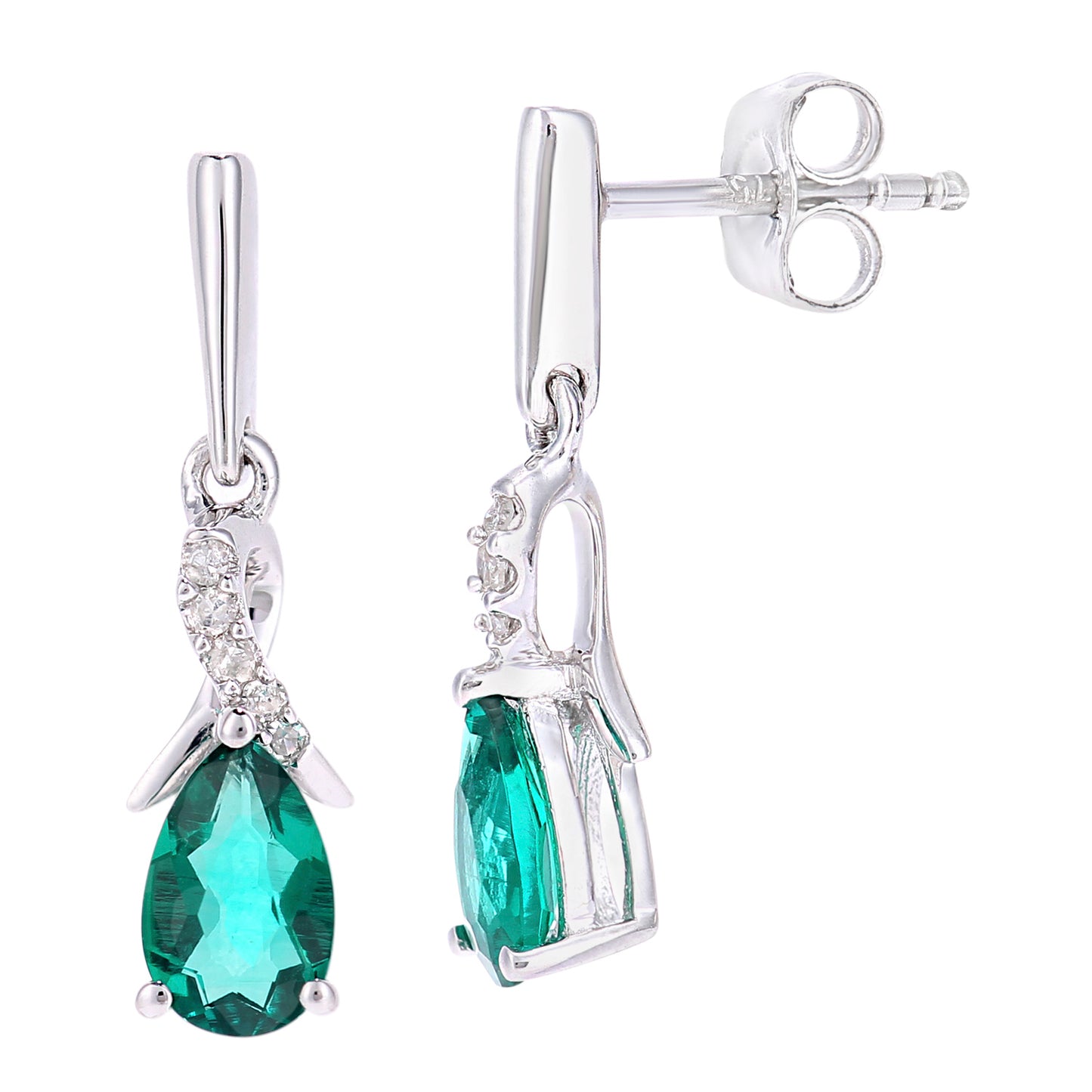 9ct White Gold  Diamond Pear Created Emerald Kiss Drop Earrings - PE0AXL5562WCEM