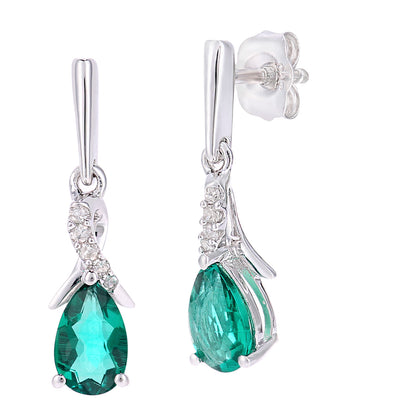 9ct White Gold  Diamond Pear Created Emerald Kiss Drop Earrings - PE0AXL5562WCEM
