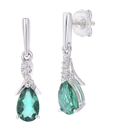 9ct White Gold  Diamond Pear Created Emerald Kiss Drop Earrings - PE0AXL5562WCEM