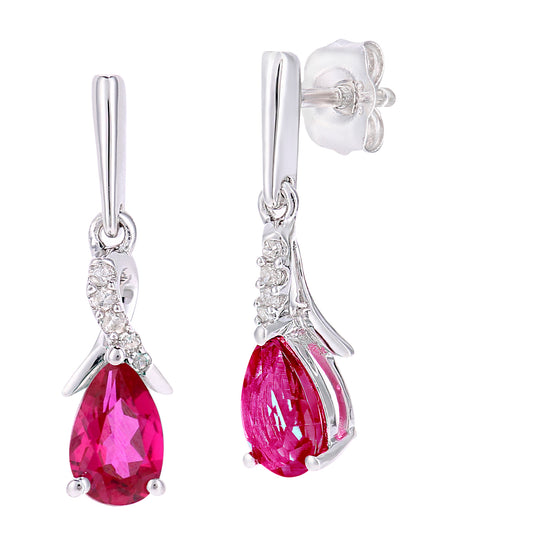 9ct White Gold  Diamond Pear Created Ruby Kiss Drop Earrings - PE0AXL5562WCRU