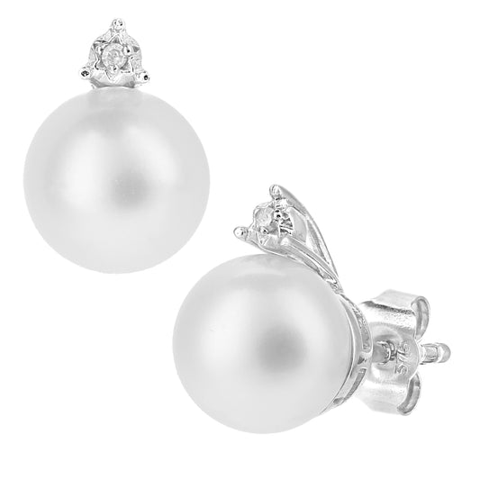 9ct White Gold  Diamond Pearl 7.5mm Full Moon Crown Stud Earrings - PE0AXL5711WPRL