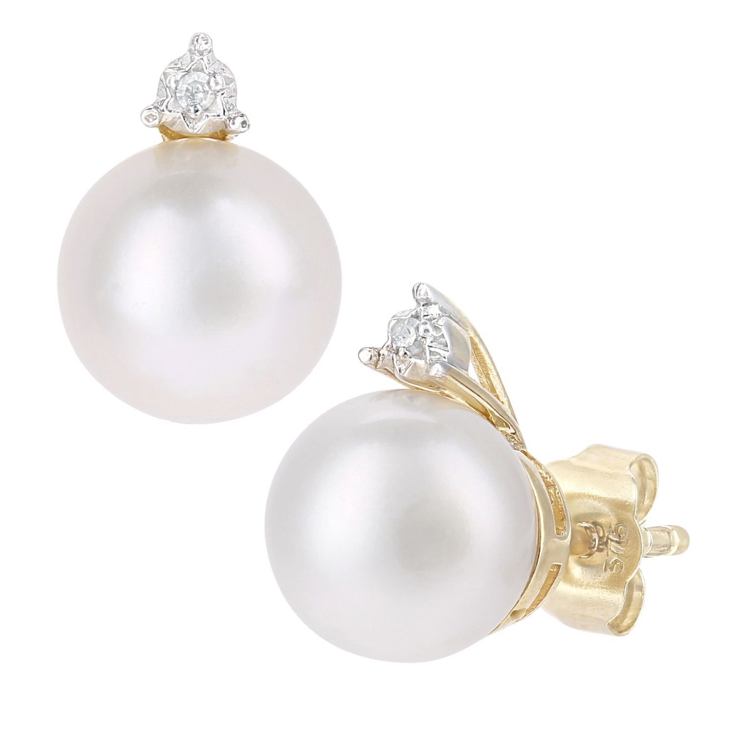 9ct Gold  1pts Diamond Pearl 7.5mm Full Moon Crown Stud Earrings - PE0AXL5711YPRL