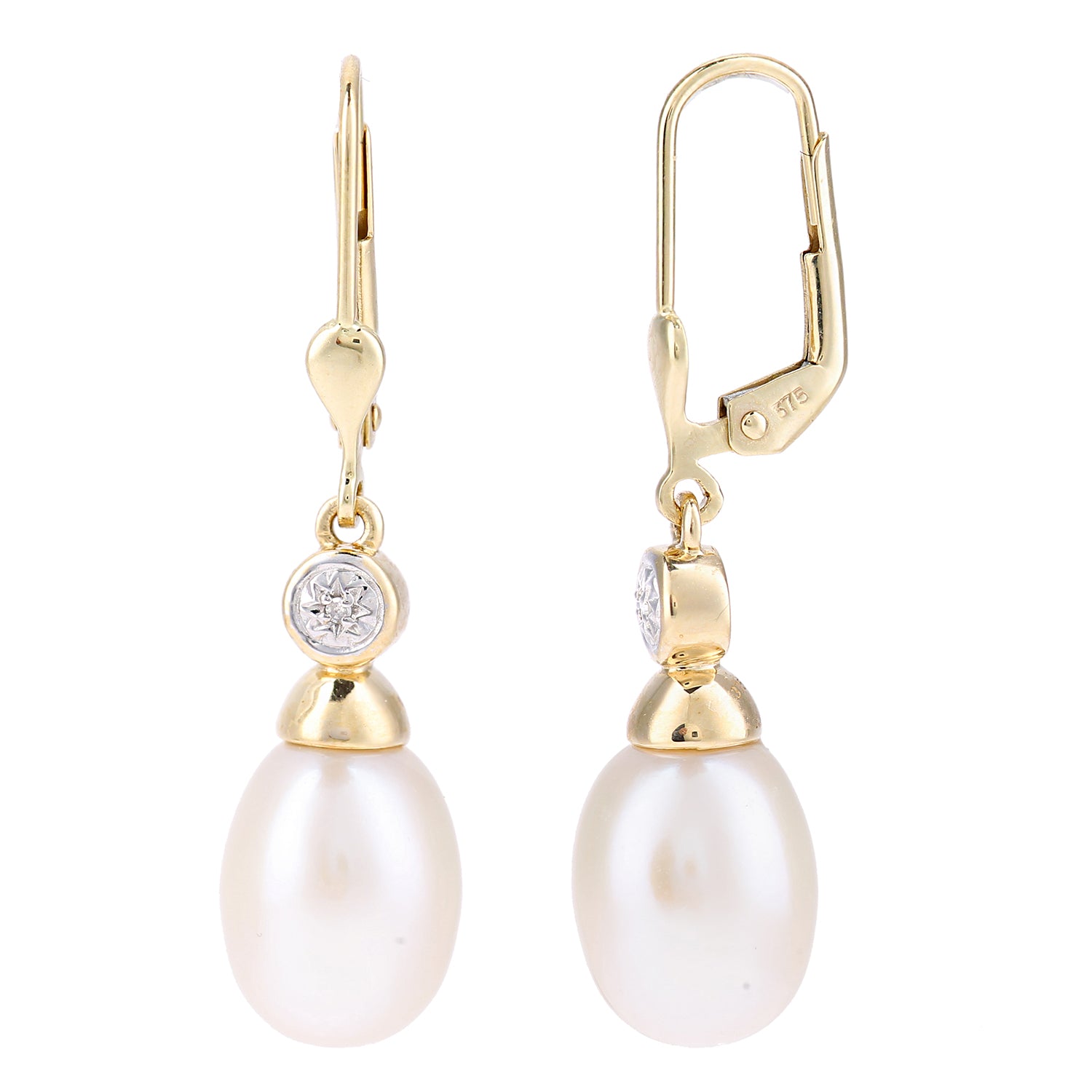 9ct Gold  Diamond Oval Pearl 9x11mm Lightbulb Cap Drop Earrings - PE0AXL5716YPRL