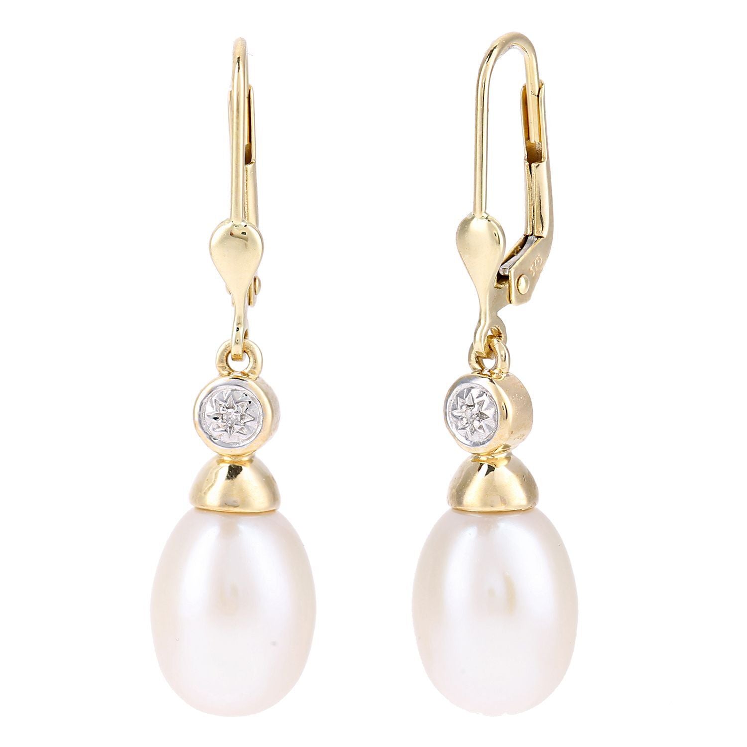 9ct Gold  Diamond Oval Pearl 9x11mm Lightbulb Cap Drop Earrings - PE0AXL5716YPRL