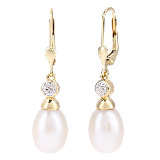 9ct Gold  Diamond Oval Pearl 9x11mm Lightbulb Cap Drop Earrings - PE0AXL5716YPRL