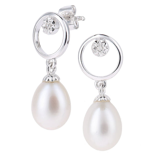 9ct White Gold Diamond Oval Pearl Flower Cap Halo Drop Earrings - PE0AXL5717WPRL
