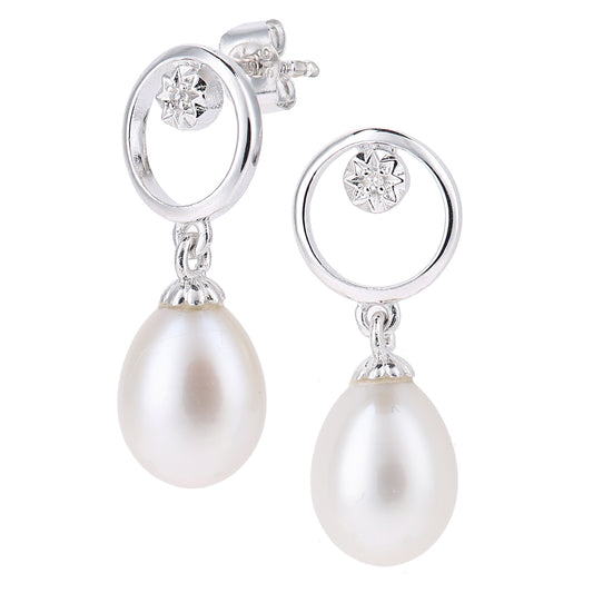 9ct White Gold  Diamond Oval Pearl Flower Cap Halo Drop Earrings - PE0AXL5717WPRL