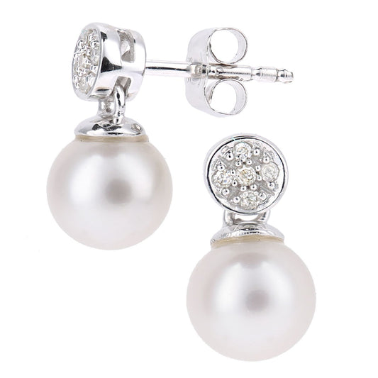 9ct White Gold  Diamond Pearl 6.5mm Lightbulb Cap Drop Earrings - PE0AXL5718WPRL