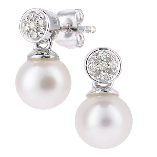 9ct White Gold  Diamond Pearl 6.5mm Lightbulb Cap Drop Earrings - PE0AXL5718WPRL