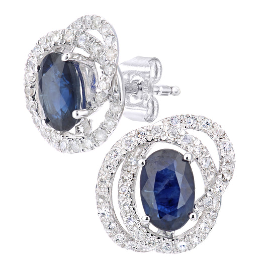 9ct White Gold  1/4ct Diamond Oval Sapphire Cluster Stud Earrings - PE0AXL5744WSA